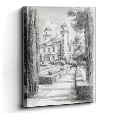 Imagem de Arte de parede de esboço arquitetônico – Impressão de desenho de castelo preto e branco de 30,5 x 38 cm – Arte de construção europeia sem moldura para quarto, sala de estar ou escritório – Exibição de
