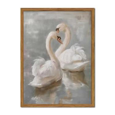Imagem de Arte de parede em tela de cisne vintage emoldurada, decoração de parede de pinturas românticas de cisne branco, imagens de animais rústicas, impressões de casa de fazenda, decoração de casa para sala