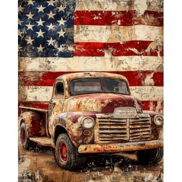 Imagem de XTXGERL Kit de pintura de caminhão com bandeira antiga americana por números para adultos, pintura estética moderna por número em tela, kits de pintura a óleo digital de arte abstrata adequados para
