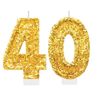 Imagem de Vela de aniversário dourada número 40 para bolo, topo de bolo dourado com glitter, decorações grandes de aniversário de 40 anos, suprimentos de festa para mulheres e homens, decoração de lembrancinhas