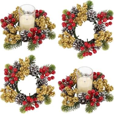 Imagem de Uznaeoi 4 peças de anéis de vela de Natal, guirlandas douradas, guirlanda de pinheiro norfolk, cereja vermelha artificial, pinha, 8,5 cm, guirlanda de Natal para mesa de casamento, cadeira de porta e