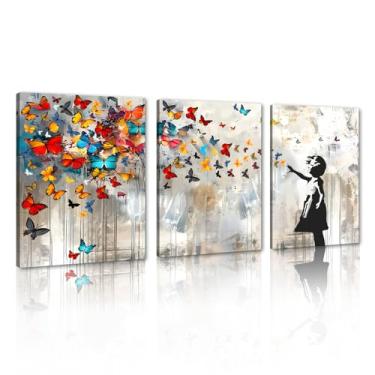 Imagem de Yeesjoee Banksy Canvas Wall Art Street Graffiti Wall Art Colorida Borboleta Pintura Pop Art Decoração de Parede para Sala de Estar Quarto, 30.5 cm x 40.6 cm x 3 Peças