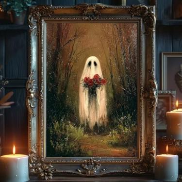 Imagem de Arte de parede em tela fantasma Impressão assustadora Moody Pôster Estético Halloween Floresta Assombrada Arte de Parede Dark Academia Poster Pintura Gótica Halloween Fantasma Místico com Flores
