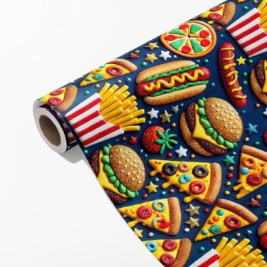 Imagem de Altarho Rolo de papel de embrulho engraçado - 43 cm x 50 metros - Chips de hambúrguer, pizza, design de fast food, embalagem de presente de aniversário para homens e mulheres, decoração de festa de