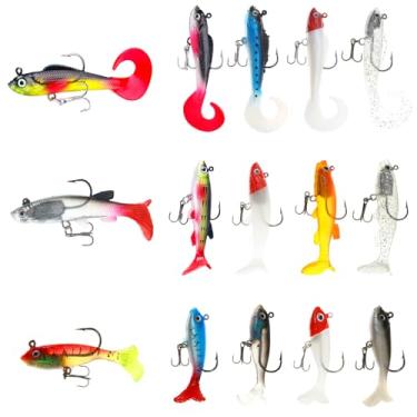 Imagem de 15 peças de isca de natação pré-equipada, iscas de plástico macio para água doce e salgada, isca de pesca Walleye de truta robalo, presentes de pesca para homens
