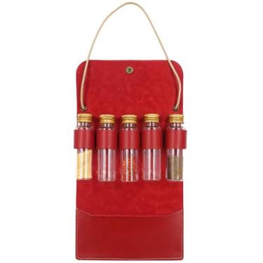 Imagem de Conjunto de potes de temperos de couro vermelho para uso ao ar livre com 5 garrafas de vidro, estojo para pendurar para fácil acesso, frascos de 59 g para churrasco, acampamento e viagens