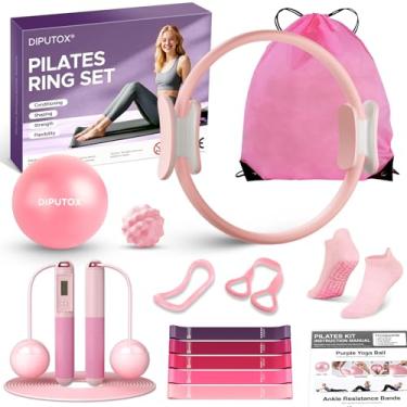 Imagem de diputox Kit de anéis de Pilates para mulheres, acessórios de equipamento de pilates, conjunto de treino doméstico com círculo mágico, mini bola de exercício, faixas de resistência ao tornozelo e meias