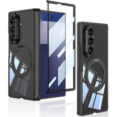 Imagem de Capa magnética transparente para Samsung Galaxy Z Fold 7 com suporte giratório e protetor de tela [compatível com carregamento sem fio] capa rígida de policarbonato transparente à prova de choque para