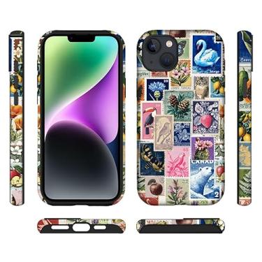 Imagem de ilikediy Capa híbrida para iPhone 14 Plus com 2 camadas rígidas de silicone com estampa protetora - colagem de carimbo retrô