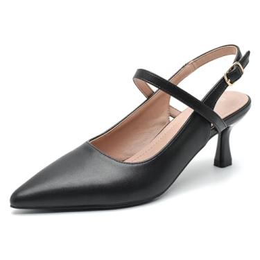 Imagem de Sapato feminino de bico fino, salto baixo gatinho, bico fechado, sexy, elegante, elegante com alça, sapatos de formatura, 6 cm - preto fosco, 35