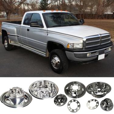 Imagem de Puermto Simuladores De Roda Dupla Aço Inoxidável Polido 16", 4 Peças, 8 Terminais, Furos Para As Mãos, Calotas Chevy Gmc 3500 1974-2000, Ford F350 1974-1998, E350/E450 Van 2008-2021, Dodge Ram 1974-