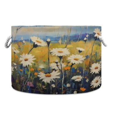 Imagem de Blueangle Cesta de armazenamento de flores de margarida de 50,8 cm P x 35,5 cm A - cesto de roupa extra grande dobrável, organizador de brinquedos redondo e armazenamento doméstico à prova d'água para