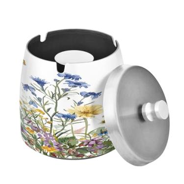Imagem de Blueangle Cinzeiro de flores silvestres com borboletas com tampa para cigarros, à prova de vento/à prova de chuva, aço inoxidável, sem fumaça, inodoro, cinzeiro para uso interno ou externo (350)
