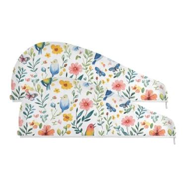 Imagem de SEHANY Toalha de cabelo de microfibra de flores coloridas elegantes para mulheres, 2 peças, turbantes de cabelo de secagem rápida com botão, touca de cabelo seco absorvente toalha de secagem de cabelo