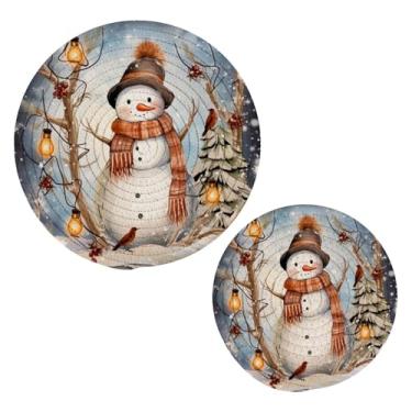 Imagem de Blueangle 2 peças de suporte de panela de trivet de boneco de neve de Natal - conjunto de pegadores de panela de tecido redondo - almofadas quentes trançadas de algodão - porta-copos - tapetes de mesa