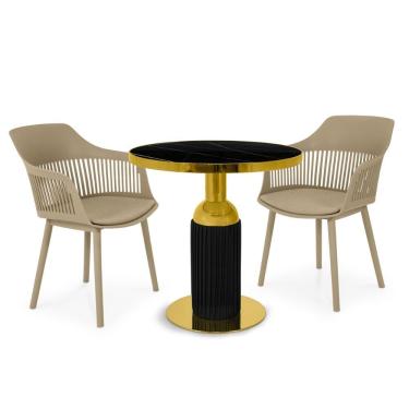 Imagem de Conjunto Mesa De Jantar Redonda Imperial 70cm Preta Com 2 Cadeiras Estofadas Marcela - Nude Escuro