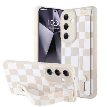 Imagem de OOK Capa de telefone de silicone compatível com Samsung Galaxy S24 Plus com alça, padrão quadriculado moderno para mulheres e meninas, alça de dedo ajustável, capa protetora fina, xadrez branca