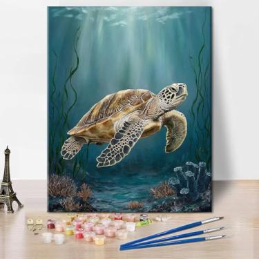 Imagem de TUMOVO Pintura por números em tela, pintura adulta por número - tartaruga marinha nadando em um oceano vibrante de recifes de corais, arte da vida marinha subaquática, kit de pintura por números para