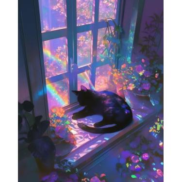 Imagem de Mosaflare Pintura por números para adultos iniciantes, kits de pintura de gato preto adulto por números em tela, paisagem de janela faça você mesmo, pintura fácil por números para decoração de parede