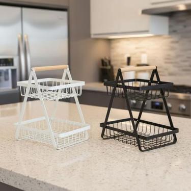 Imagem de Fruteira de Metal Multiuso 2 Andares com Alça em Madeira – Organização para Cozinha, Bancada e Mesa – Cestos Resistentes, Design Moderno e Ventilado para Frutas, Verduras e Legumes – Sortida