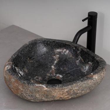 Imagem de MIDUSO Pia de embarcação de pedra irregular 100% feita à mão; pia de pedra real; pia de embarcação exclusiva; acima do balcão; pia de rocha de rio; banheiros rústicos de pias; Irre RiverStone 308