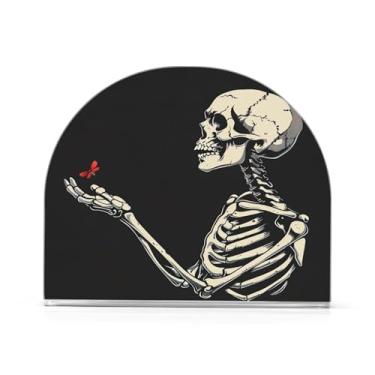 Imagem de Caveira com suporte de guardanapo de borboleta vermelha para mesas, porta-guardanapos de Halloween para cozinha, porta-guardanapos de mesa, porta-guardanapos de coquetel, porta-guardanapos de papel771