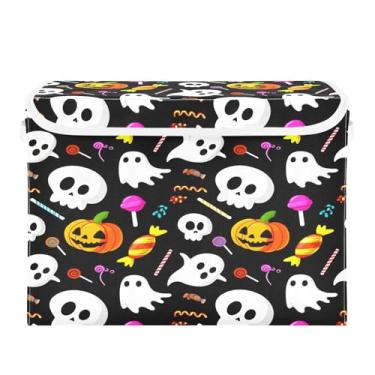 Imagem de Wassud Cestas de armazenamento de Halloween com tampas, caveiras de desenho animado de Halloween, caixotes dobráveis empilháveis de linho, organizador de armário, recipiente 42 x 32 x 30 cm