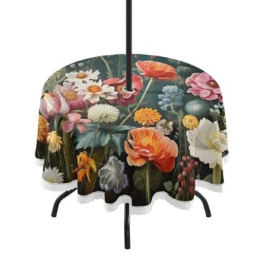 Imagem de CEBUGI Toalha de mesa redonda para uso ao ar livre, flores silvestres, impermeável, com furo Umberlla, capa de mesa lavável para pátio, cozinha, sala de jantar, 152 cm