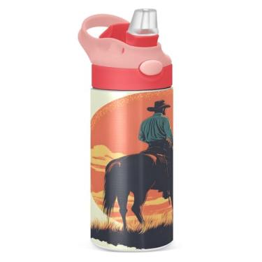 Imagem de CEBUGI Garrafas de água Cowboy à prova de vazamento infantil com canudo Garrafa de água isolada a vácuo de aço inoxidável para meninos e meninas