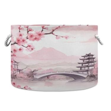 Imagem de WELLDAY Cesta de corda de algodão rosa paisagem cesta de lavanderia de bebê para sala de estar, lavanderia, berçário, travesseiros, decoração de casa