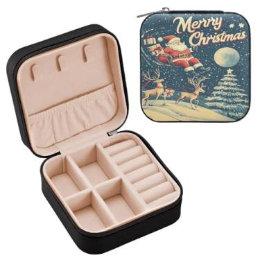Imagem de Wassud Estojo de joias de viagem com design de Natal para mulheres, meninas, senhoras, noiva, mini organizador de joias de couro PU, caixa quadrada de armazenamento de joias para brincos, anéis, colar