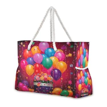 Imagem de Wassud Bolsa de praia com balões coloridos para presente grandes bolsas de praia para mulheres, impermeável, à prova de areia, bolsa de viagem com zíper e bolso para piscina, academia, acampamento