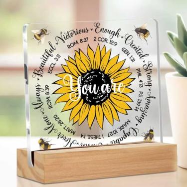 Imagem de Presentes cristãos para mulheres, placa acrílica inspiradora espiritual de girassol, presentes religiosos para mulheres, versículo bíblico, placa decorativa de mesa transparente com suporte, quarto
