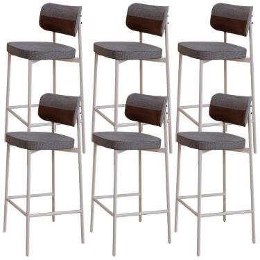 Imagem de Kit 06 Banquetas Alta Bar Cozinha Sala De Jantar Aço Branco Kaira C01 Linho Cinza Courino Whisky - Lyam Decor
