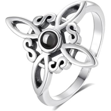 Imagem de Anel de nó de bruxa feminino amuleto de bruxaria celta trindade anel de nó preto obsidiana pagã cruz mágica joia, 9, Cobre, Zircão