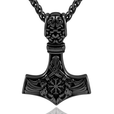 Imagem de Oaldilee Colar de martelo Thor para homens, bússola de martelo de aço inoxidável 18K, ouro, preto, pingente Mjolnir, amuleto poderoso, joia Noridc, presente para amantes vikings, caixa de presente,