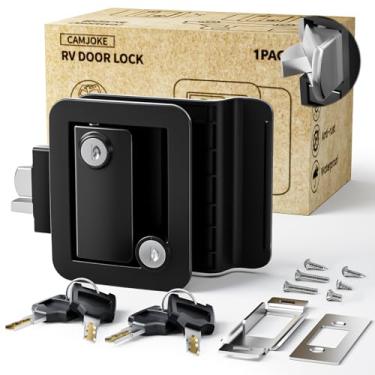 Imagem de CAMJOKE Substituição de fechadura de porta de trailer atualizada com fechadura de remo, 100% liga de zinco, trava de maçaneta de porta de campista, trava de entrada de trailer de viagem fechada com