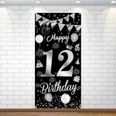 Imagem de Decorações de aniversário de 12 anos, faixa de fundo de feliz aniversário de 12 anos, preto, prata, triângulo, bandeira, balões, decoração de fundo para meninas, meninos, 12 anos, artigos de festa de