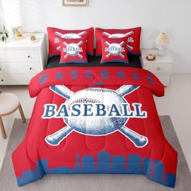 Imagem de Erosebridal Jogo de cama solteiro com edredom de softball, cidade de beisebol, 7 peças, para crianças, meninos, adultos, homens, quarto, esportes, jogos, (Toronto) vermelho e azul