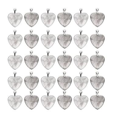 Imagem de Pingente em forma de coração, 60 peças de bandejas de pingente, configuração de base de cabochão com cabochão de vidro