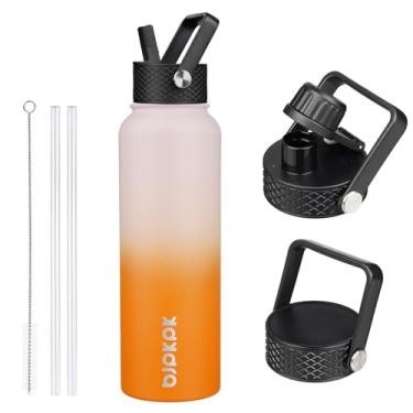 Imagem de BJPKPK Garrafas de água isoladas com tampa de palha, garrafas de água de aço inoxidável de 1,2 l com 3 tampas, garrafa térmica à prova de vazamento sem BPA, copos, copos para esportes, academia -