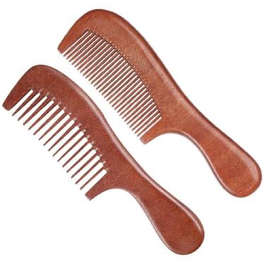 Imagem de Conjunto de 2 pentes de cabelo de madeira para dentes largos e finos para mulheres, homens e crianças, pente antiestático para cabelos cacheados finos, lisos, molhados e secos, pente de sândalo