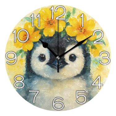 Imagem de GAIGEO Relógio de parede decorativo analógico quarto cozinha relógio estético silencioso sem tique-taque, decoração de parede vintage sala de estar fofo pinguim flores amarelas, 25 cm, ponteiros