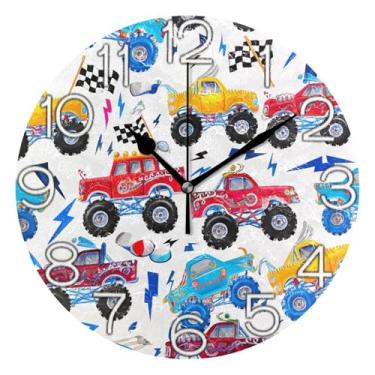 Imagem de GAIGEO Relógio de parede analógico decorativo redondo sem tique-taque silencioso relógio de cozinha rústico, decoração de parede moderna para sala de estar, desenho animado de carro de caminhões