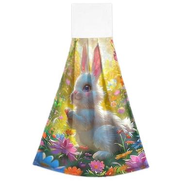 Imagem de Coelho branco coelho flores outono pendurado prato toalhas de mão forno toalhas de chá conjunto de 2 toalhas decorativas de cozinha macias absorventes fofas, 46 x 35 centímetros