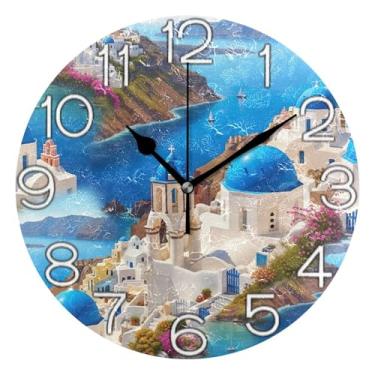Imagem de GAIGEO Relógio de parede decorativo analógico funky alimentado por bateria relógio de cozinha rústico, decoração de parede art déco retrô moderna, edifícios brancos, cúpulas azuis Santorini, 25 cm