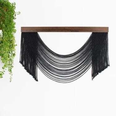 Imagem de SCECALA Tapeçaria de parede de macramê preto Boho, tapeçaria de macramê preto feito à mão, fio boêmio, para pendurar na parede para sala de estar, quarto, decoração de casa moderna