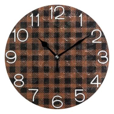 Imagem de GAIGEO Relógio de parede analógico decorativo redondo sem tique-taque silencioso relógio de cozinha de escritório, decoração de parede vintage, sala de estar, xadrez clássico búfalo preto marrom, 25