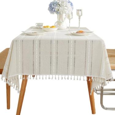 Imagem de Toalha de mesa luxuosa de linho vazado de algodão com franja de borla, capa de mesa decorativa para mesas de jantar quadradas e retangulares, toalha de mesa texturizada para cozinha, festas