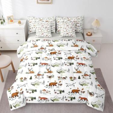 Imagem de Feelyou Conjunto de edredom solteiro com urso, para crianças, meninos, meninas, chaleira rústica, 7 peças, urso, cervo, cama em um saco, floresta e animais da floresta, microfibra leve e macia